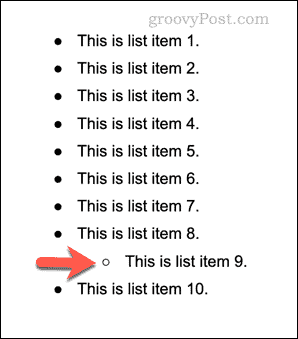 Um exemplo de uma lista de vários níveis no Google Docs