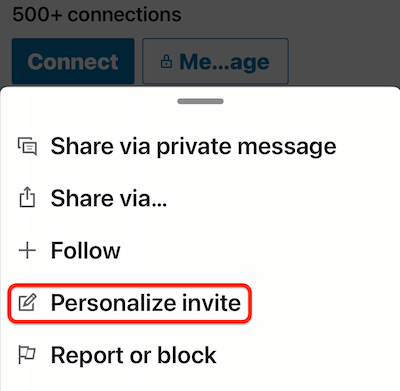 Perfil do LinkedIn para celular mais... menu com a opção 'personalizar convite' destacada