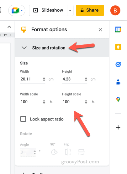 Opções de tamanho para uma tabela do Apresentações Google