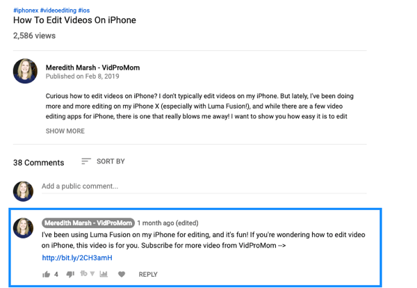 Como usar uma série de vídeos para aumentar seu canal no YouTube, exemplo de um comentário de vídeo fixado no YouTube com link de Meredith Marsh