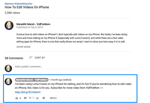 Como usar uma série de vídeos para expandir seu canal no YouTube, exemplo de um comentário de vídeo fixado no YouTube com link de Meredith Marsh