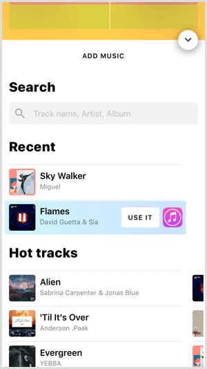 Toque em Usar para adicionar uma faixa de música ao seu projeto Hype Type.