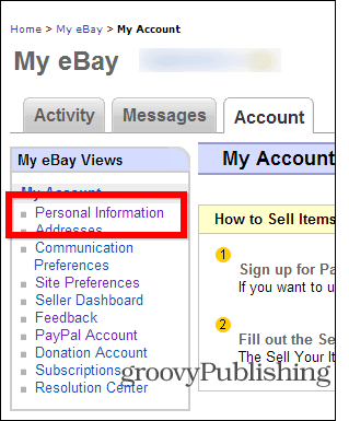 eBay alterar senha configurações da conta informações pessoais