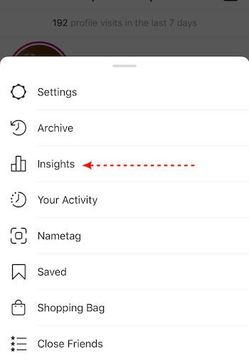 Opção de insights no menu pop-up de configurações da conta empresarial do Instagram