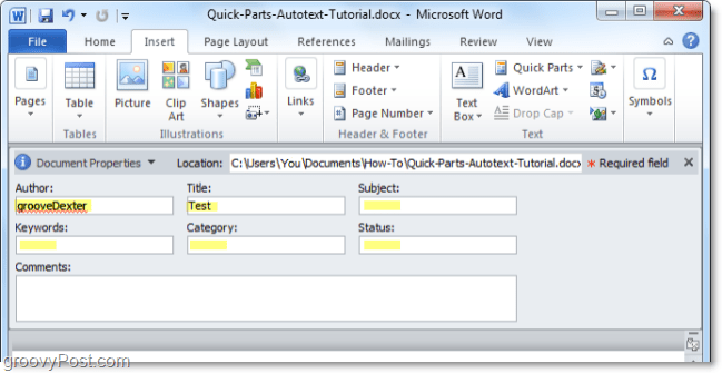 ajuste as propriedades do documento no painel do documento no word 2010