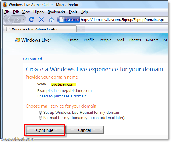 forneça seu nome de domínio para o Windows Live