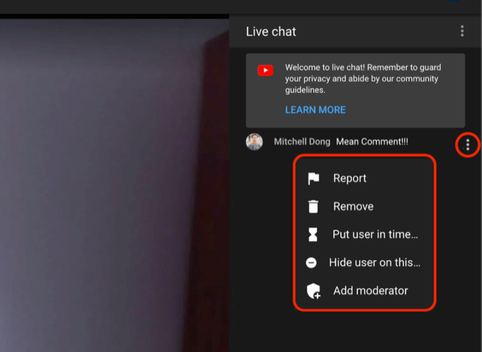 opções de moderação de comentários do chat ao vivo do youtube para denunciar ou remover o comentário, colocar o usuário em tempo limite, ocultar o usuário no canal ou adicionar um moderador ao chat