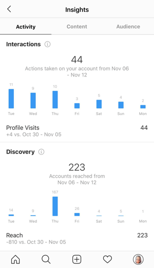 Exemplo de insights do Instagram mostrando os dados na guia Atividade.