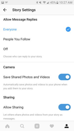 Use as configurações para salvar automaticamente as fotos e vídeos adicionados à sua história no smartphone