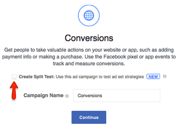 Marque a caixa para criar um teste de divisão para sua campanha do Facebook.