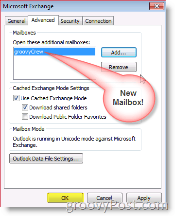 Captura de tela do Outlook 2010 adicionar guia avançada da caixa de correio