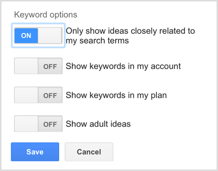 Opções de palavras-chave de pesquisa do planejador de palavras-chave do Google AdWords