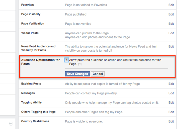 otimização de audiência do Facebook para configurações de postagens em