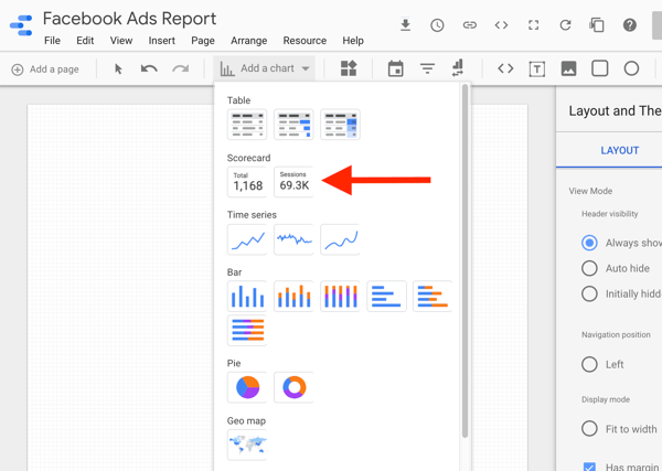 Use o Google Data Studio para analisar seus anúncios do Facebook, etapa 8, opção para selecionar o gráfico de visão geral no Google Data Studio