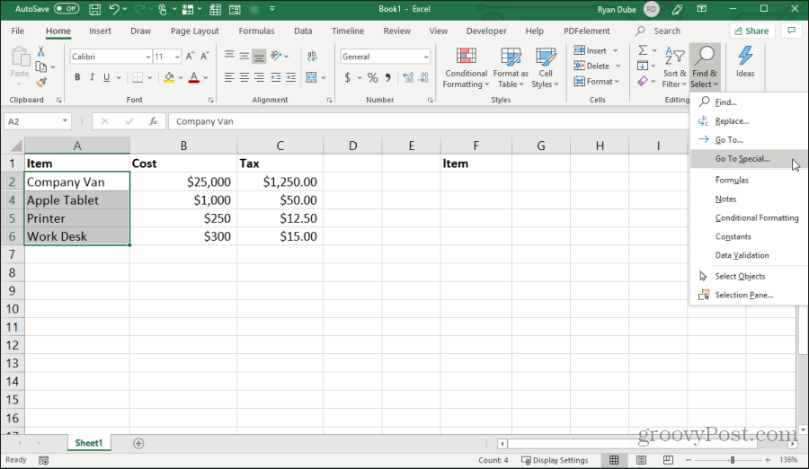 selecionando ir para especial no excel