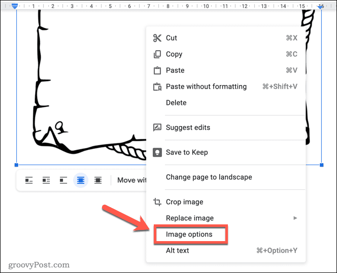 Abrindo o menu de opções de imagem no Google Docs