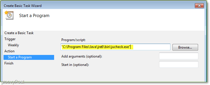 Captura de tela: Agendador de tarefas do Windows 7 Criar caminho básico da tarefa Jucheck.exe