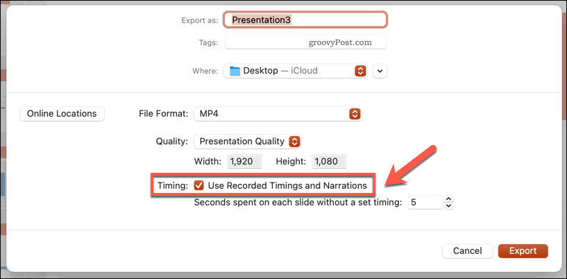 Usando tempos gravados para um vídeo exportado em PowerPoint no Mac