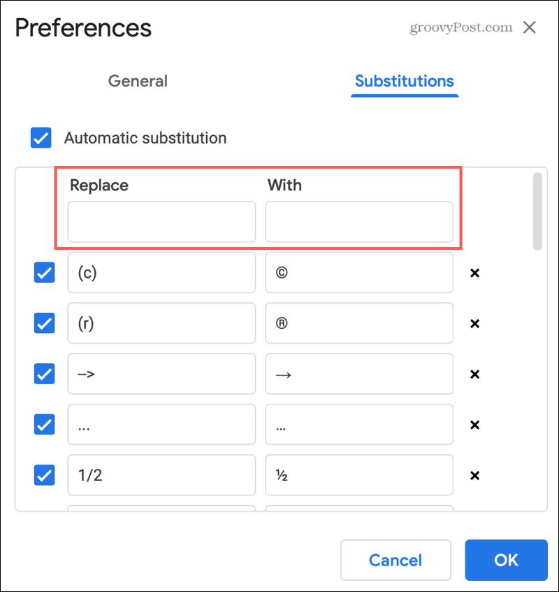 Adicionar substituições de texto no Google Docs