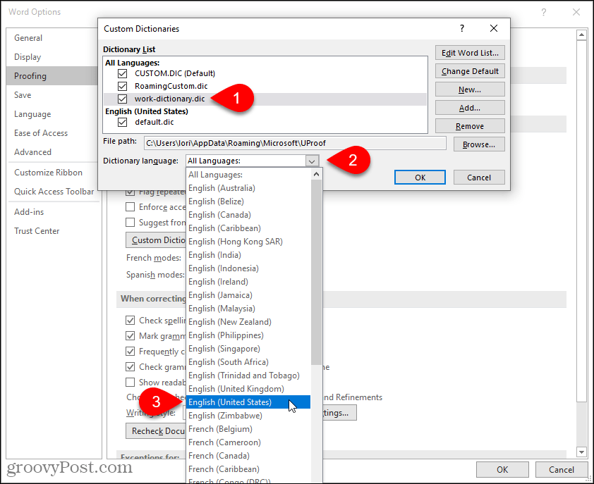 Selecione o idioma para um dicionário personalizado no Word