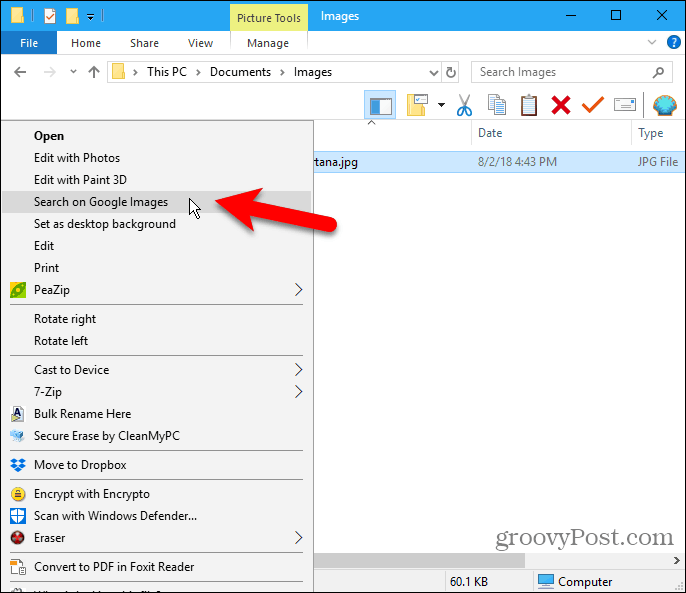 Selecione Pesquisar no item de menu de contexto Imagens do Google no File Explorer