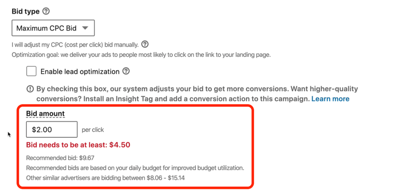 captura de tela da mensagem em vermelho dizendo 'O lance do LinkedIn precisa ser de pelo menos US $ 4,50'