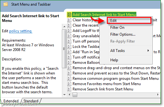 clique no link adicionar pesquisa à Internet para iniciar o menu e, em seguida, clique na opção de edição no menu de contexto do Windows 7, com o botão direito do mouse.