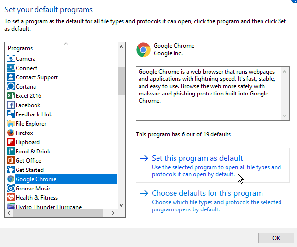 Alterar o navegador padrão na atualização de aniversário do Windows 10