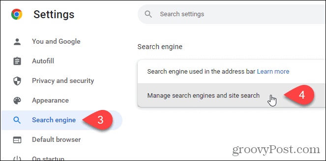Clique em Gerenciar mecanismos de pesquisa e pesquisa de sites na tela do mecanismo de pesquisa no Chrome