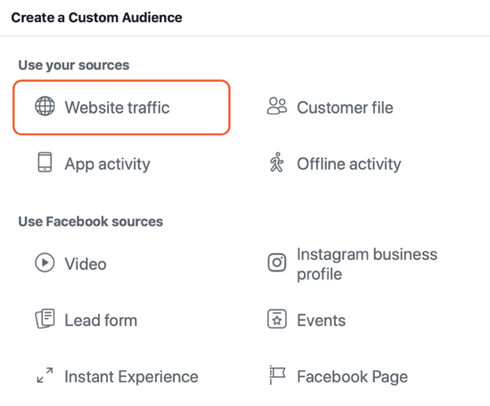 Como criar anúncios de alcance do Facebook, exemplo de configuração de público de tráfego do site para anúncios