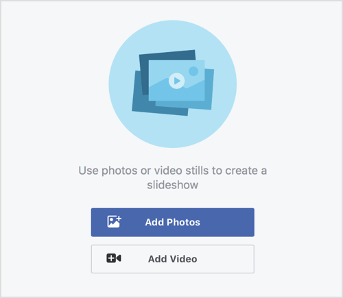 Na janela de criação de apresentação de slides, adicione suas fotos selecionando-as de sua biblioteca ou fazendo upload de seu computador. 