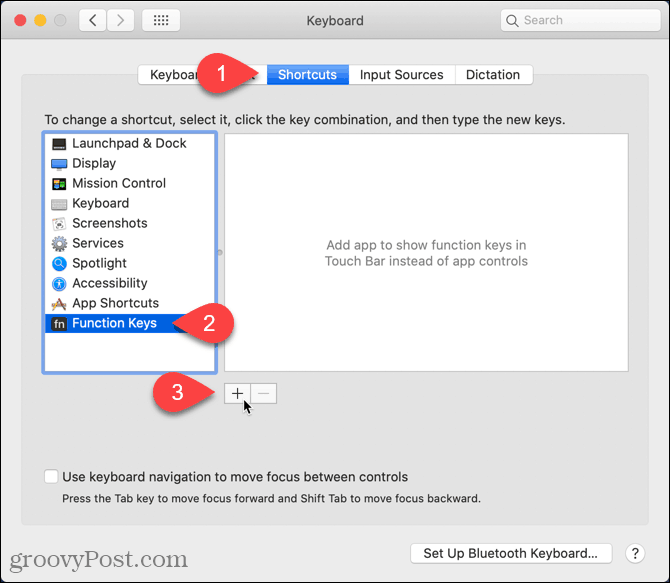 Clique no ícone de adição na tela Atalhos do Mac