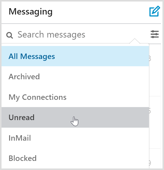 Os filtros da caixa de entrada de mensagens do LinkedIn incluem um filtro de mensagens não lidas.
