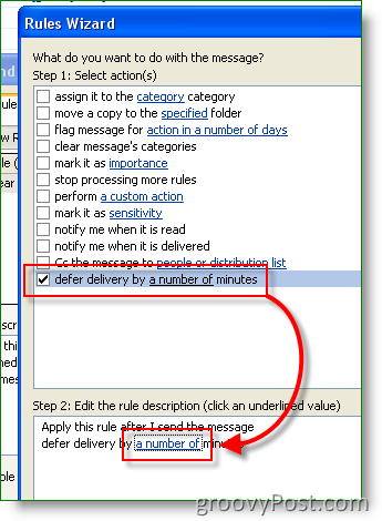 Regra do Outlook - Definir adiar o tempo de entrega