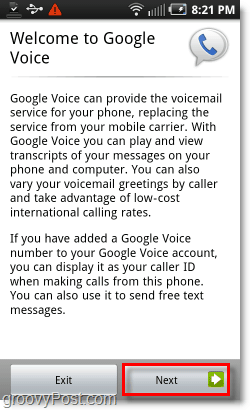 Tela de boas-vindas do Google Voice no Android Mobile