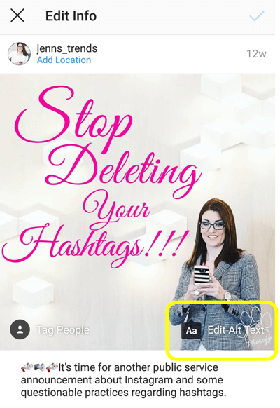 Como adicionar texto alternativo a postagens do Instagram, etapa 6, opção de editar o texto alternativo para sua postagem publicada