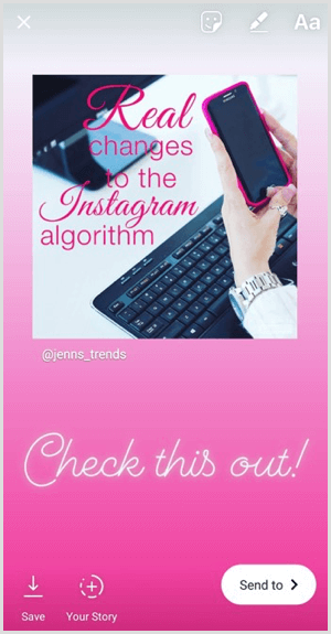 Adicione texto, adesivos ou outros componentes a uma postagem compartilhada de novo em sua história do Instagram.