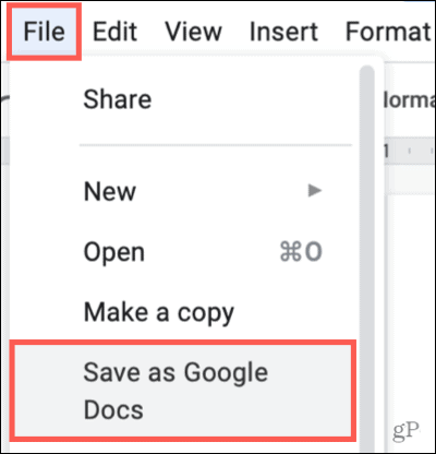 Clique em Arquivo, Salvar como Google Docs