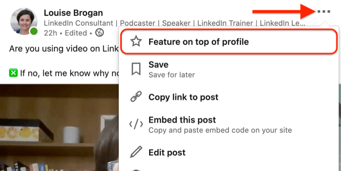 opção de menu de três pontos para apresentar no topo do perfil uma postagem de vídeo vinculada