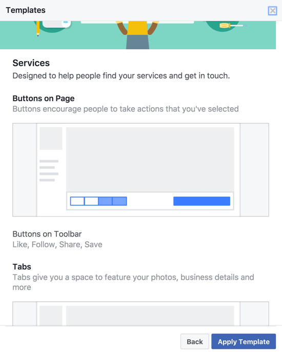 Diferentes modelos de página do Facebook têm diferentes CTAs, botões da barra de ferramentas e guias especificamente escolhidos e organizados para o tipo de negócio.