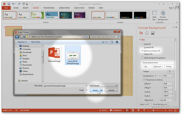 Office 2013 Template Create Make Custom Design POTX Personalizar slides Slides Tutorial Como imagem Foto Textura Preenchimento Importar arquivo da área de transferência