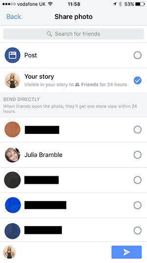 Escolher onde postar seu conteúdo de história do Facebook.