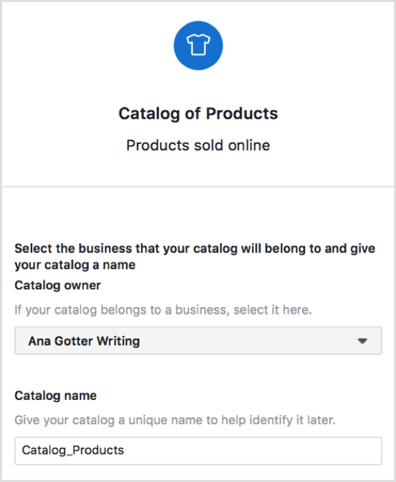 Selecione a página à qual seu catálogo pertence e nomeie o catálogo no Shopify.