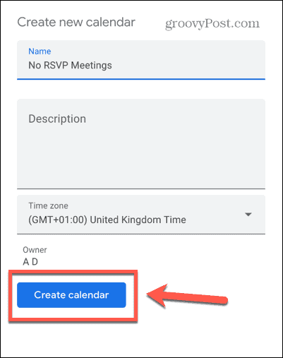 Captura de tela do botão Criar calendário do Google Agenda