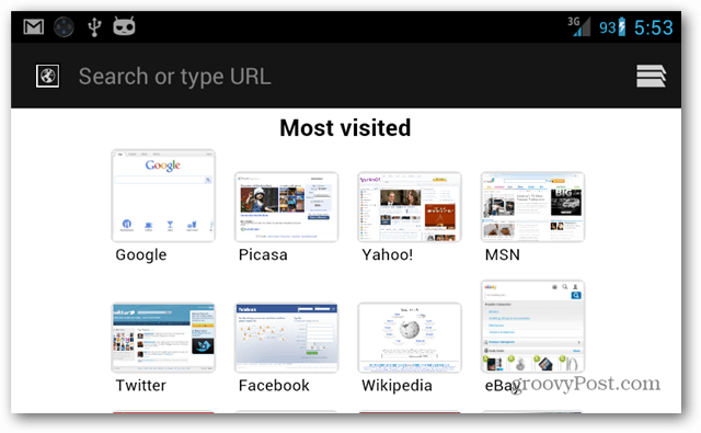 Definir a página inicial do navegador Android padrão para os sites mais visitados