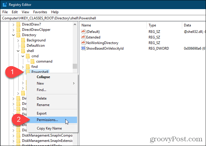 Selecione Permissões para a chave do PowerShell no Editor do Registro do Windows