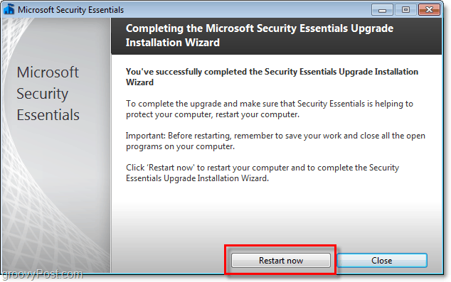 reinicie o computador para concluir a instalação beta do microsoft security essentials 2.0