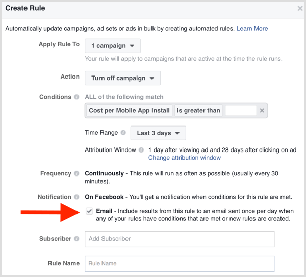 Notificação de regra automatizada por e-mail do Gerenciador de anúncios do Facebook