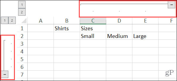 Colunas e linhas agrupadas expandidas no Excel no Windows