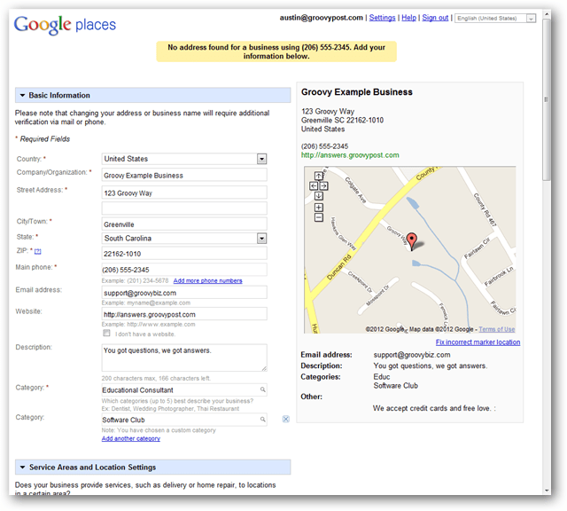 crie uma nova listagem local do google maps